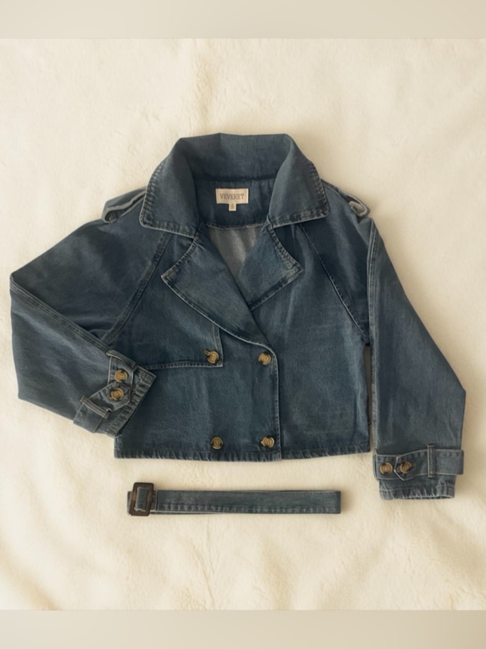 Cropped Denim Trench Coat / Jacket, Transitional Outerwear, Sz S.M,L by Veveret - Picture 11 of 13